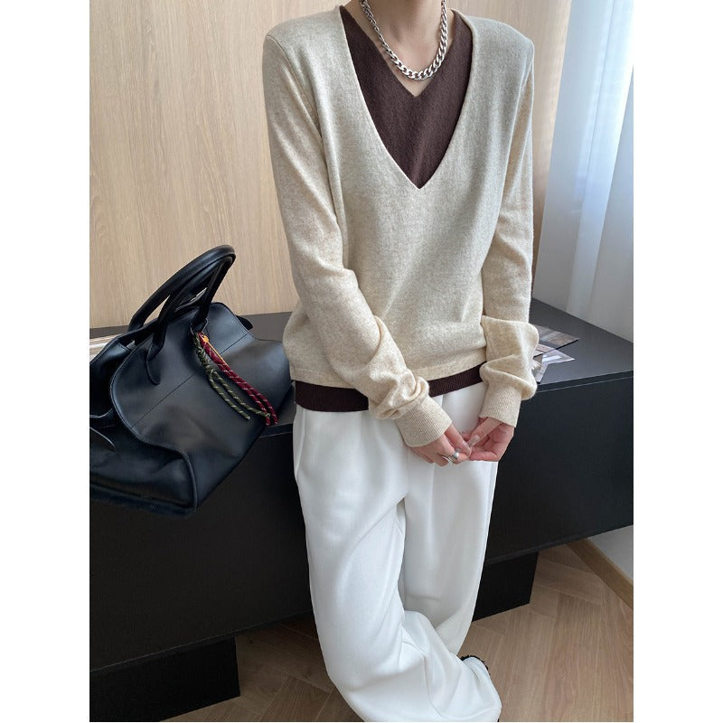 Damen Pullover V-Ausschnitt Weiches Material Feine Rippstruktur Beige