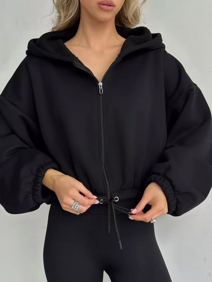 Damen Cropped Hoodie Weitem Schnitt Mit Kordelzug