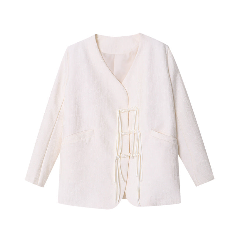 Damen Wickeljacke aus Strukturstoff mit Dekorationsbändern Beige