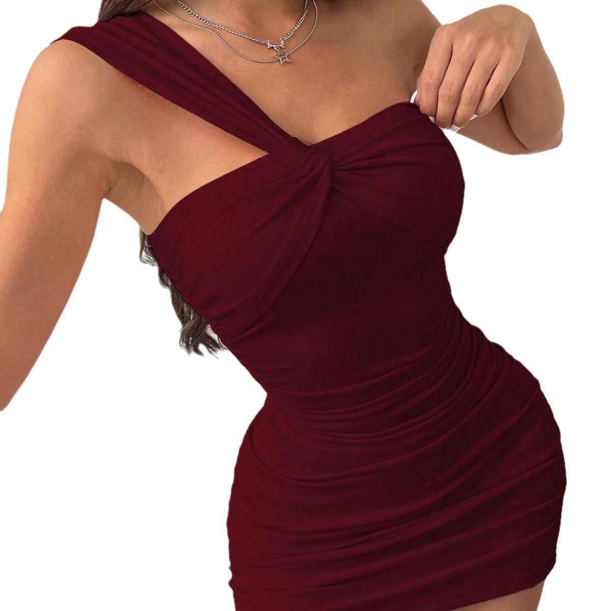 Damen Minikleid Bodycon Asymmetrischer Träger Drapierung