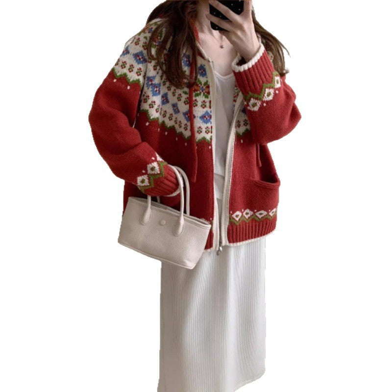 Damen Strickjacke Farbenfroh Muster Taschen Norvielle