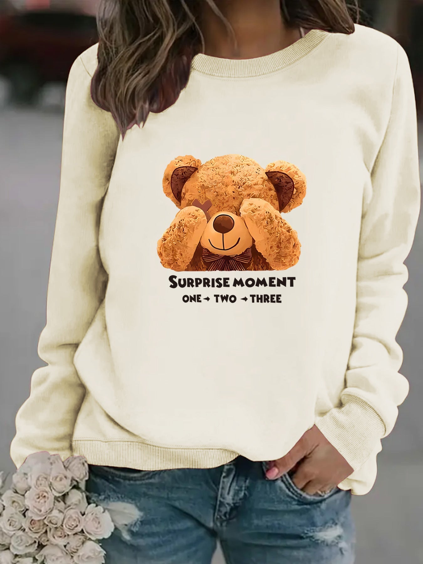 Damen Sweatshirt Bärenmotiv Baumwolle Weiß