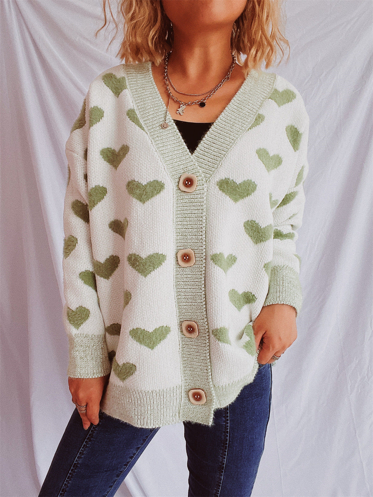 Damen Strickjacke Herz-Muster Knopf-Detail Beige
