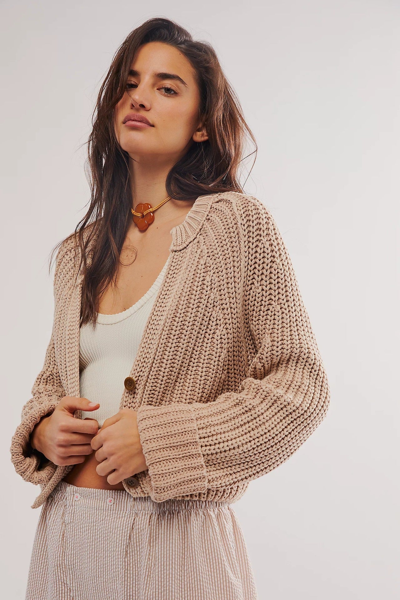 Damen Strickcardigan Lässig Überschnittene Schultern Beige
