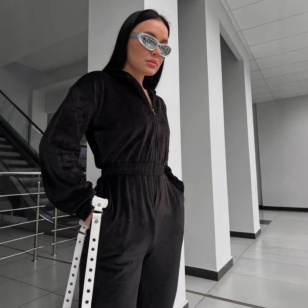 Damen Fleece-Overall Reißverschluss Kapuze Norvielle