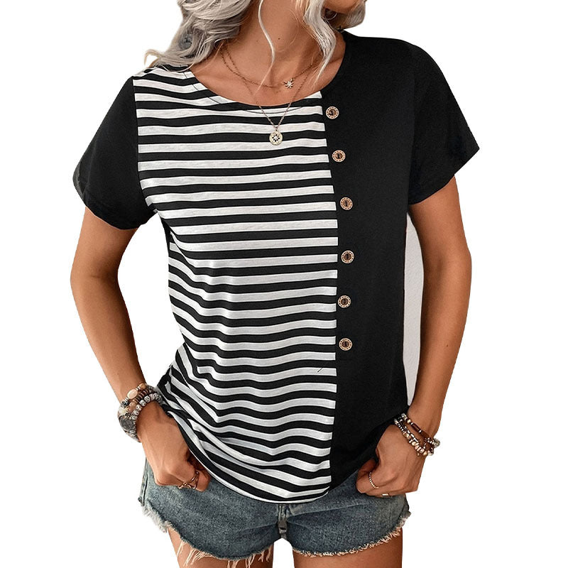 Damen T-Shirt Streifen Knöpfe Weiß