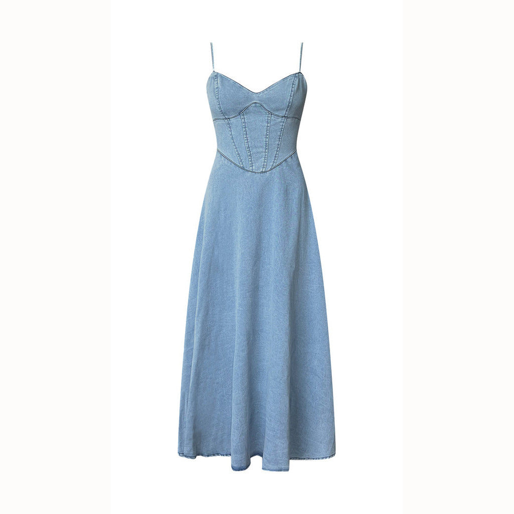 Damen Maxikleid Denim Spaghettiträger Elegant