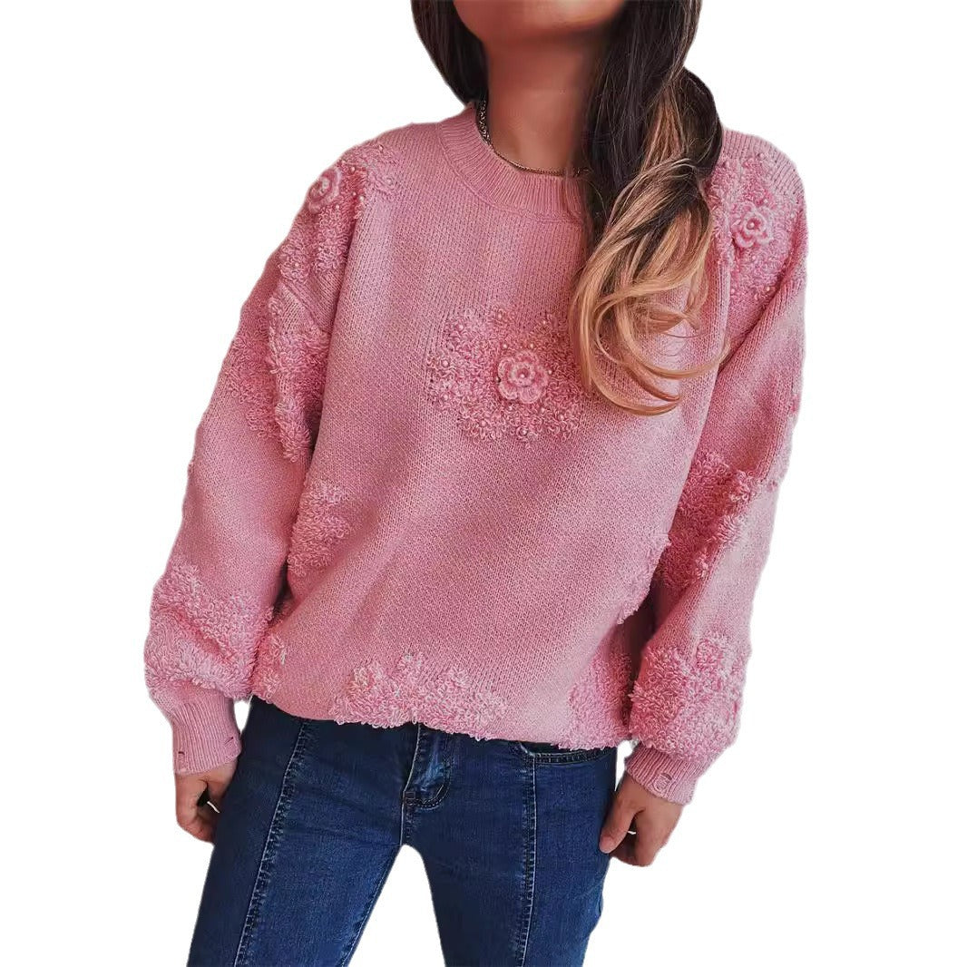 Damen Pullover mit Floralmuster Strukturiertes Strickdesign Beige