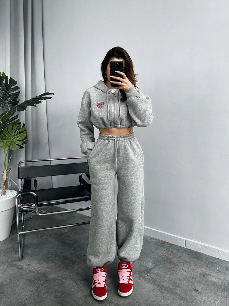 Damen Sportliches Hoodie-Set mit lockerer Hose Cropped