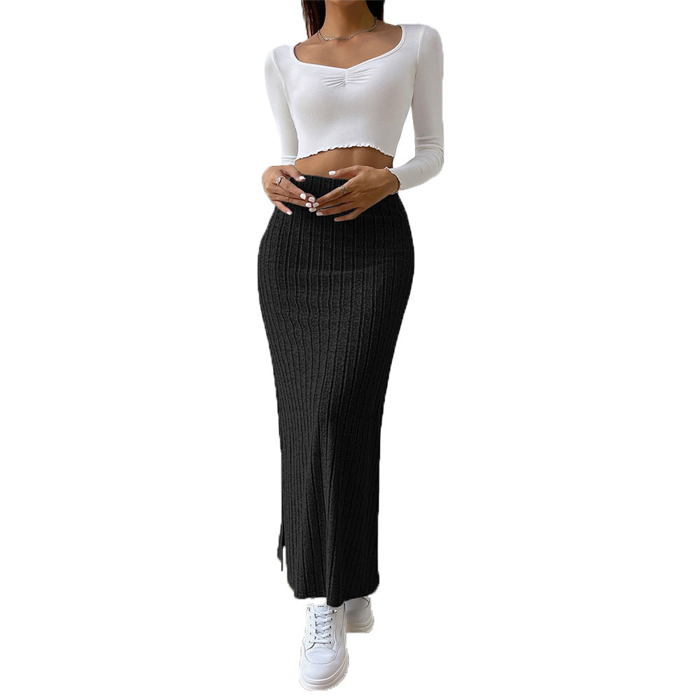 Damen Strickrock Langer Diagonalrippen Hochtaillierung