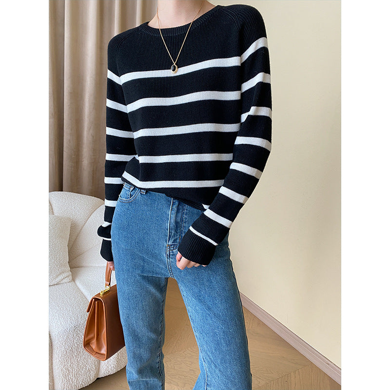 Damen Pullover Gestrickt Breite Streifen Elegante Passform
