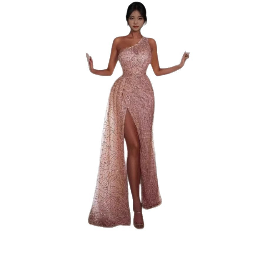 Damen Abendkleid Asymmetrischer Schnitt Glitzerdetails