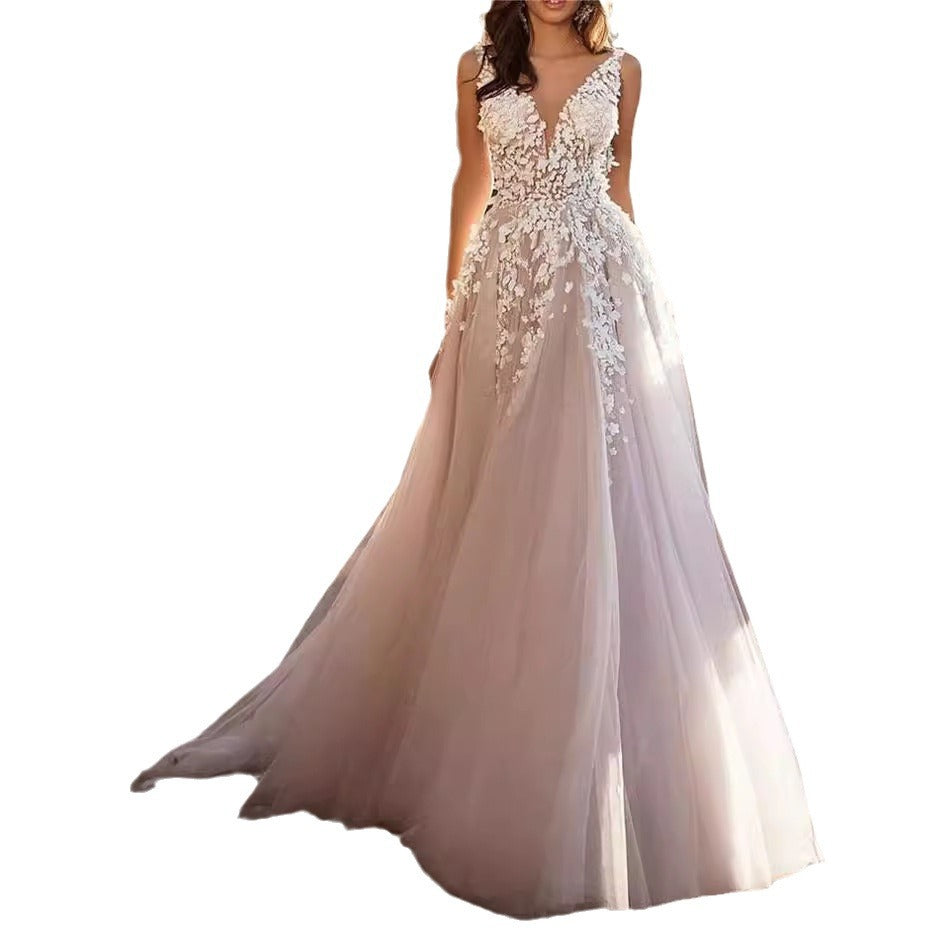 Damen Hochzeitskleid mit Floralmuster V-Ausschnitt