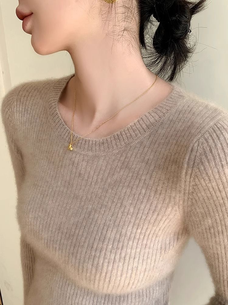 Damen Rippstrickpullover Rundhalsausschnitt Fein Norvielle