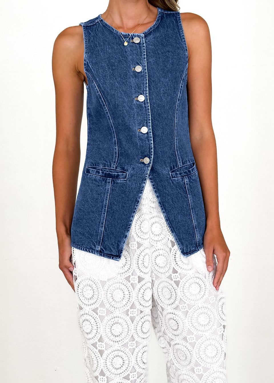 Damen Denimweste Tailliert Knöpfe