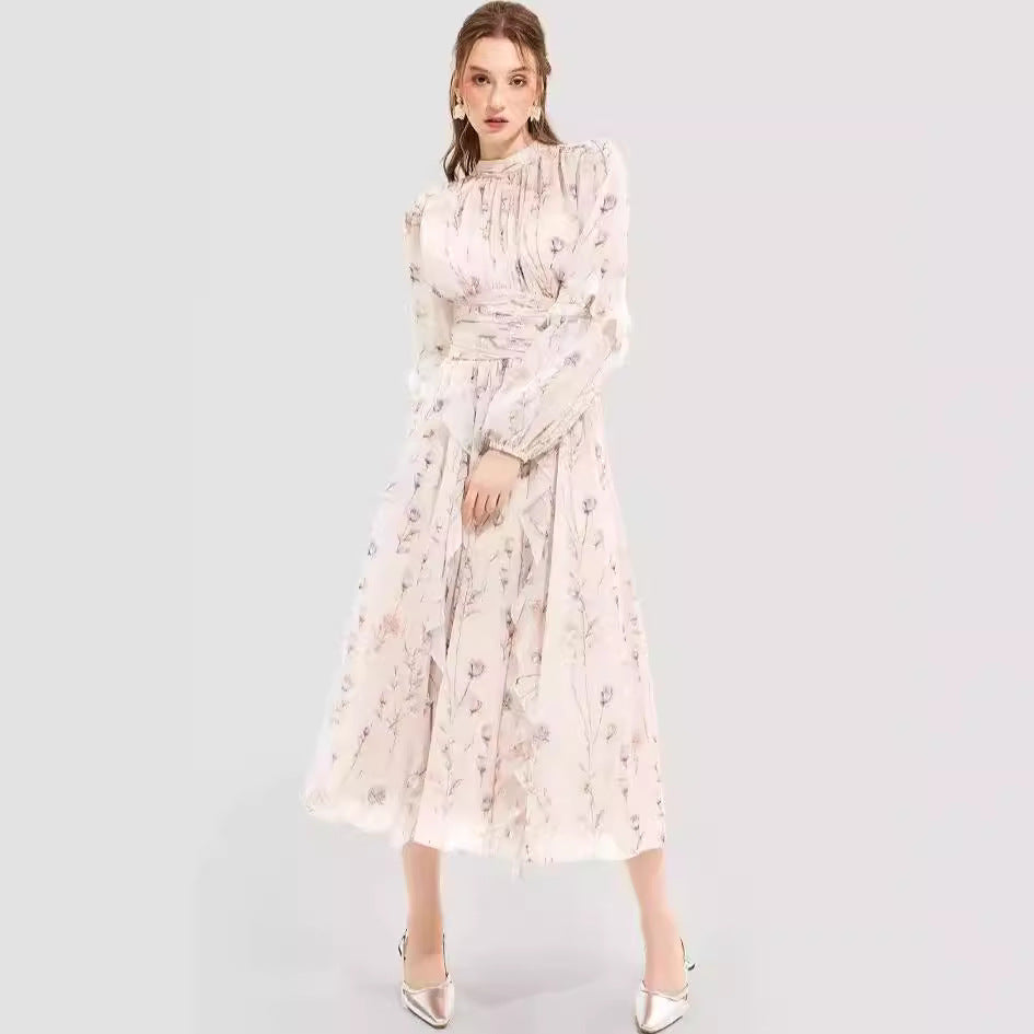 Damen Midi-Kleid Florale Stickerei Rüschensaum Norvielle