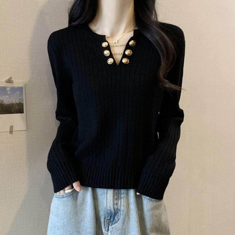 Damen Rippstrickpullover Dekorative Knöpfe Norvielle