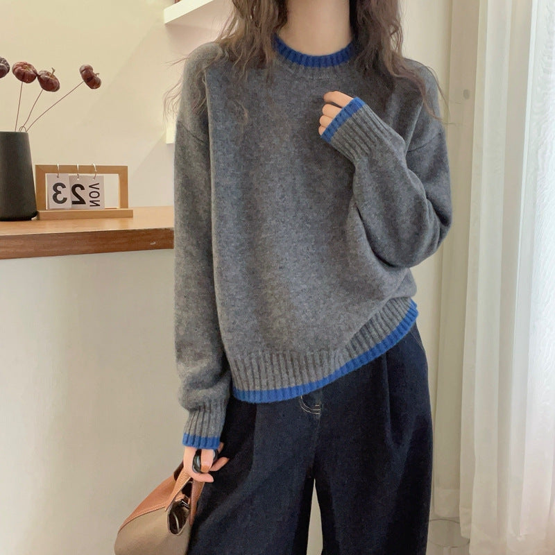 Damen Strickpullover Weich Kontrastbündchen Norvielle