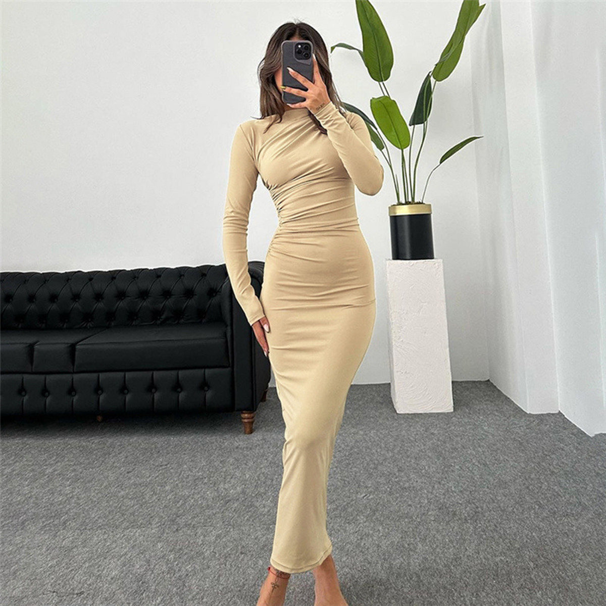 Damen Langarmkleid Figurbetont Raffung Elegant Norvielle