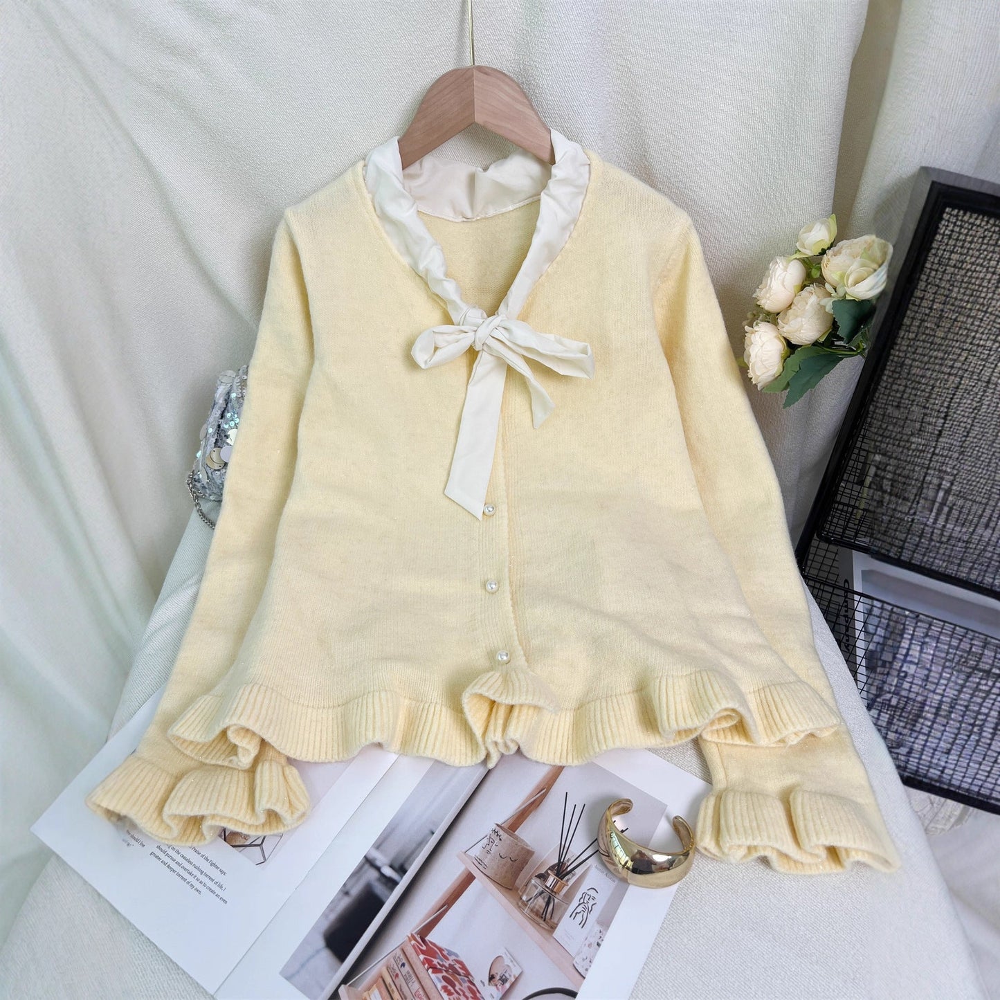 Damen Strickjacke Elegantes Design Rüschen Schleifenkragen Norvielle