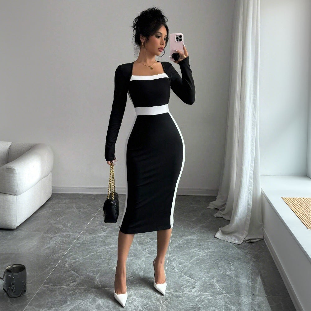 Damen Midi-Kleid Figurbetont Quadratischer Ausschnitt Kontrastakzente