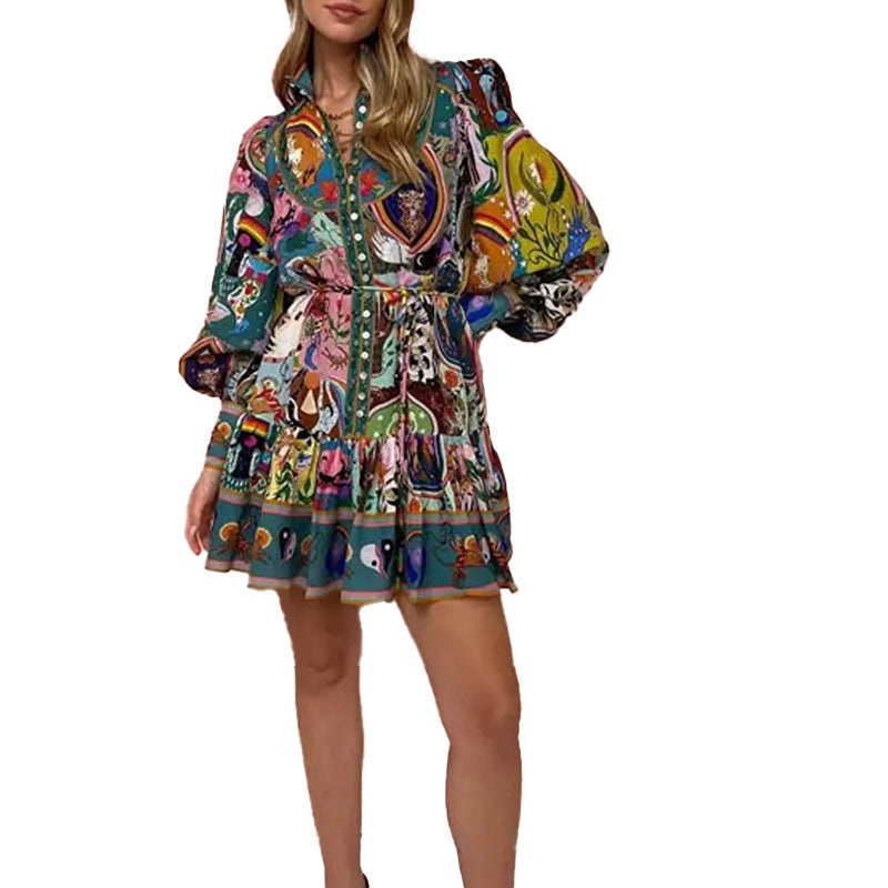 Damen Midikleid Bunt Tier- Blumenmuster Weite Ärmel