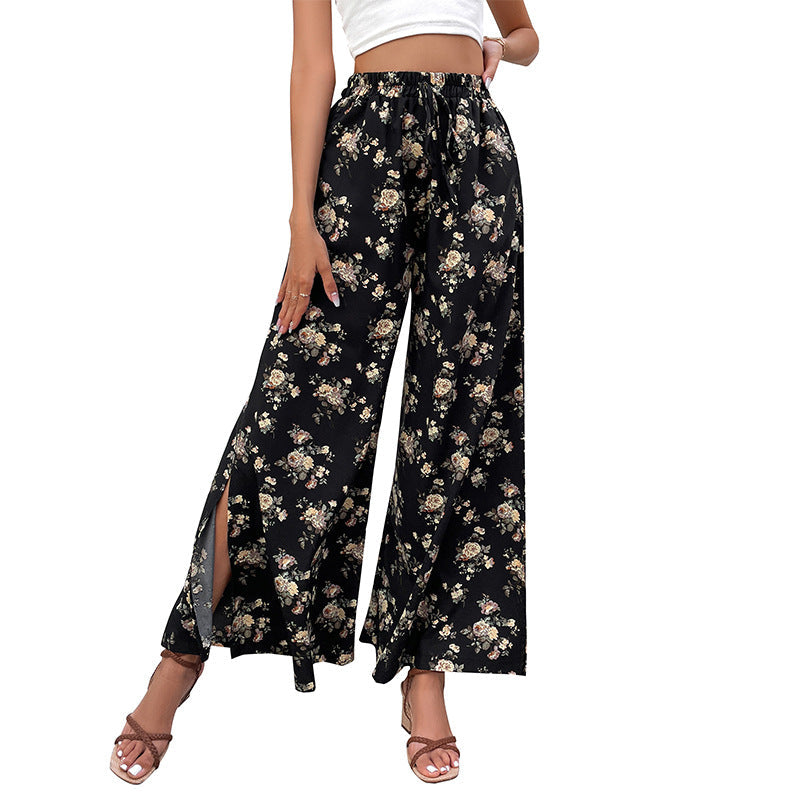 Damen Palazzo-Hose Floralmuster Seidenstoff