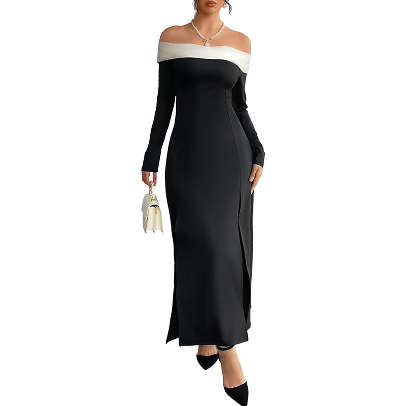 Damen Off-Shoulder Maxi-Kleid mit seitlichem Schlitz und langen Ärmeln