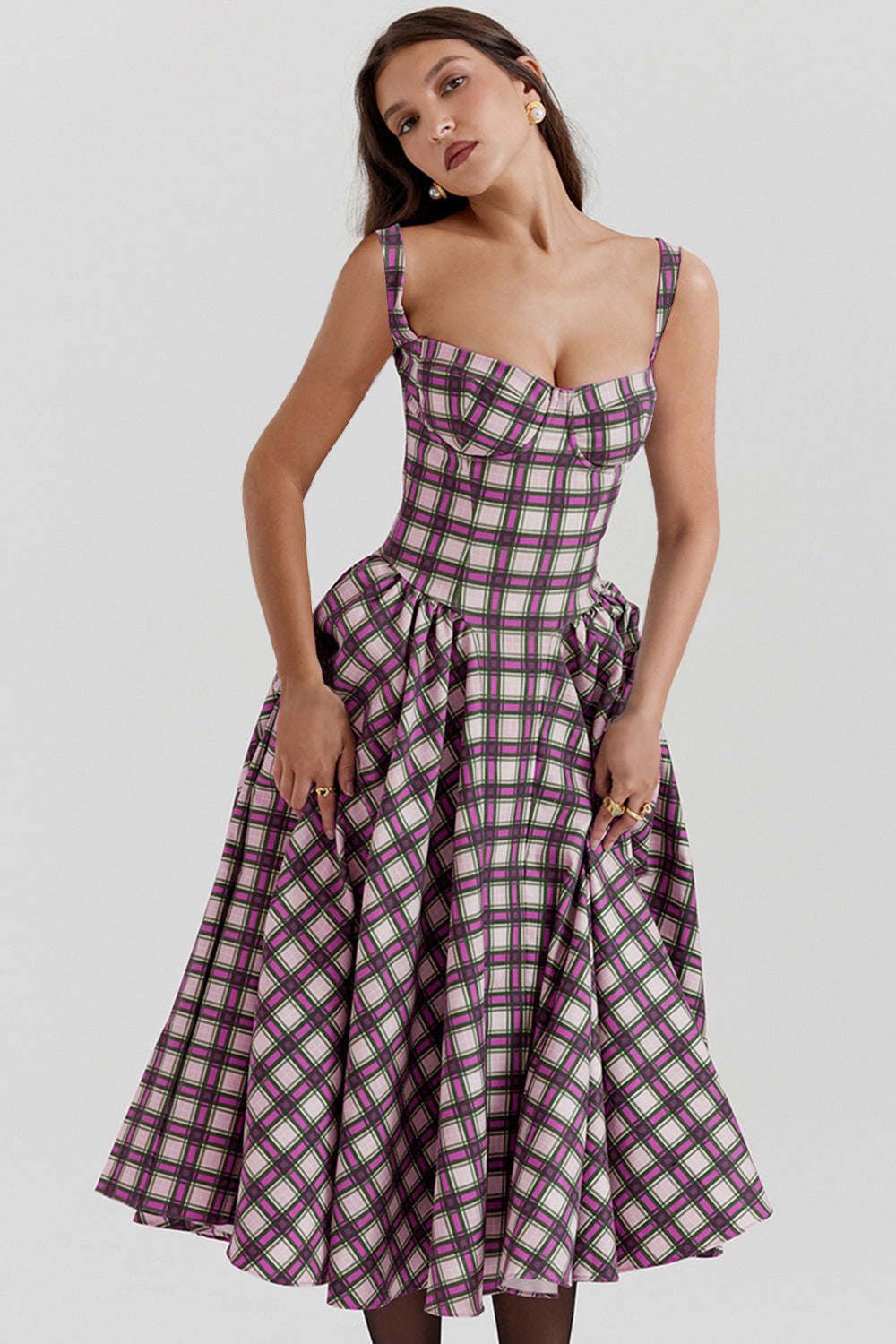 Damen Midikleid Kariert Tiefes Dekolleté Norvielle