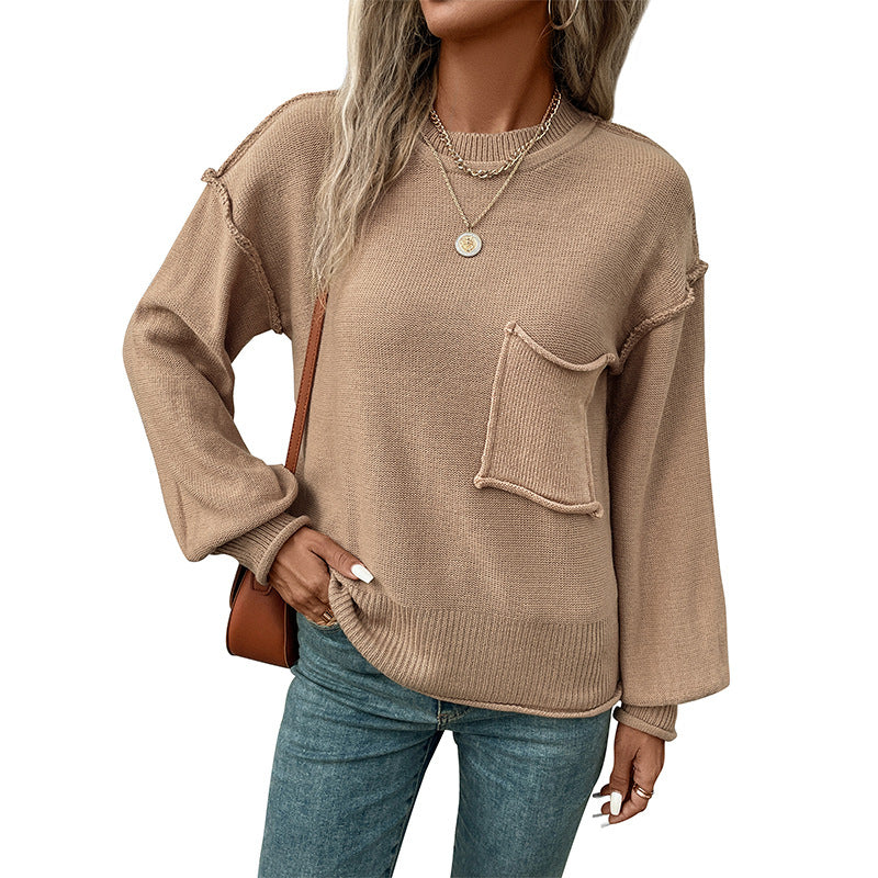 Damen Strickpullover Lässig Brusttasche Norvielle