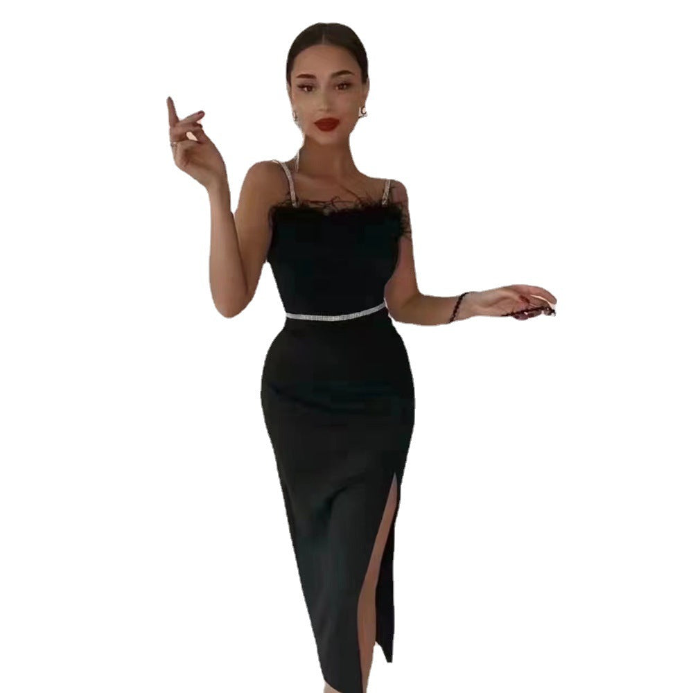 Damen Abendkleid Spitzenbesatz Schlitz