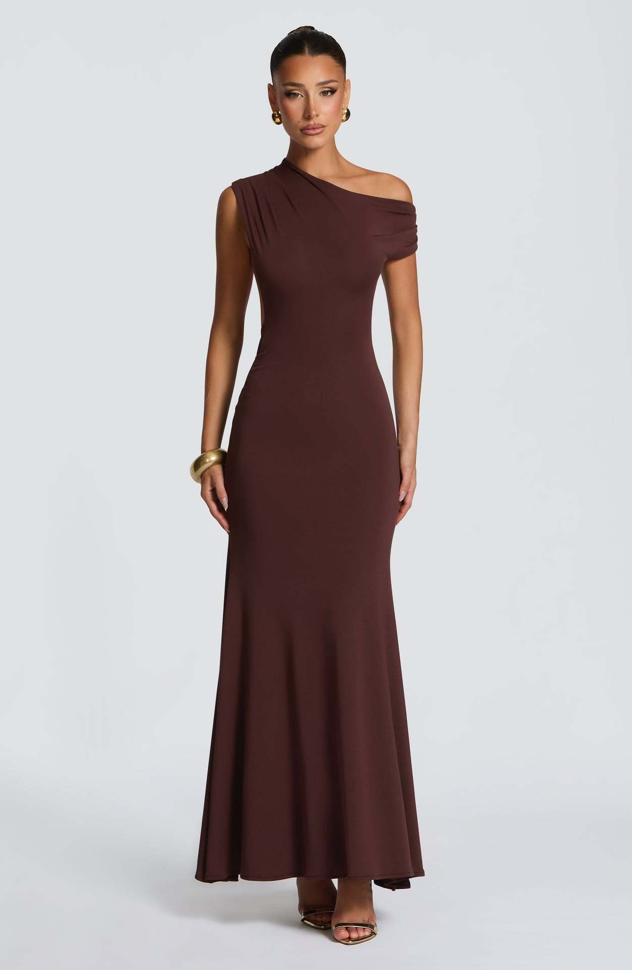 Damen Maxikleid Asymmetrisch Schulterfrei Norvielle