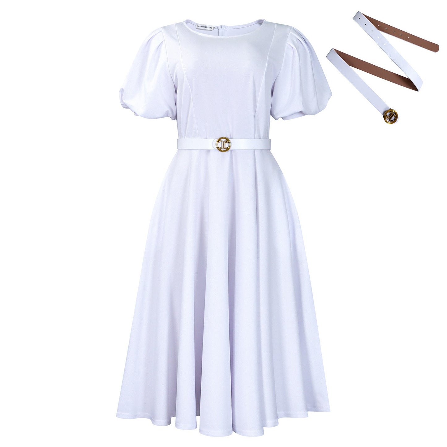 Damen Midi-Kleid Puffärmel Taillengürtel