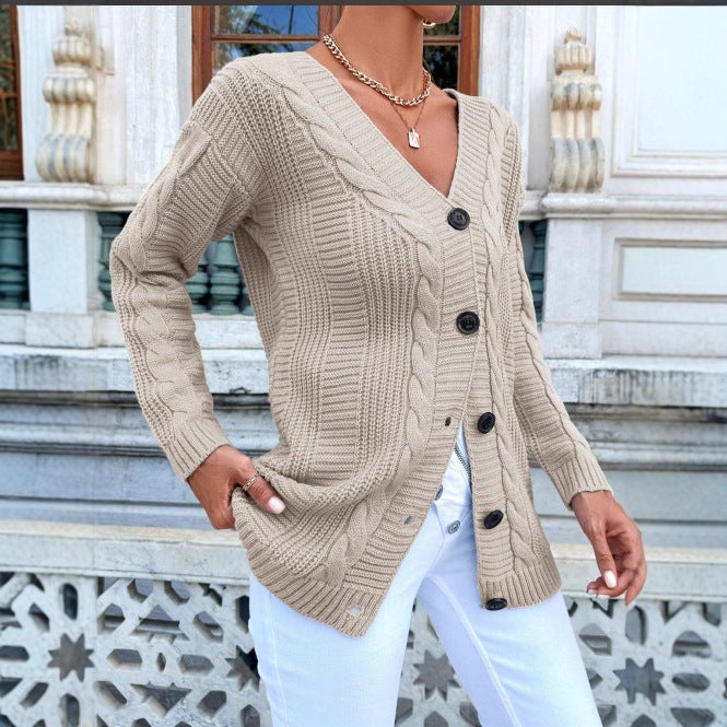 Damen Strickjacke Kabelmuster Klassische Knöpfe Beige