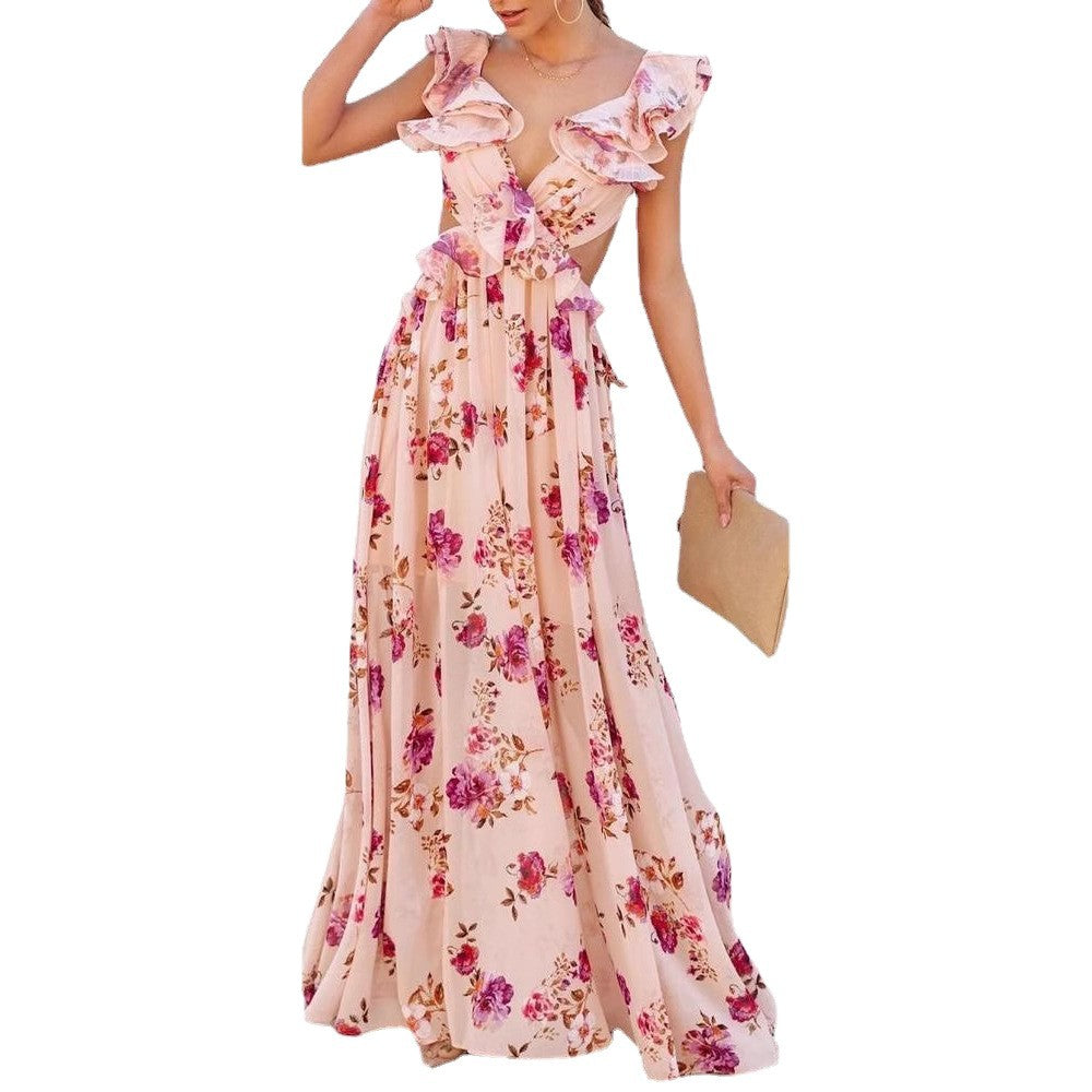 Damen Maxikleid mit Blumenmuster und V-Ausschnitt