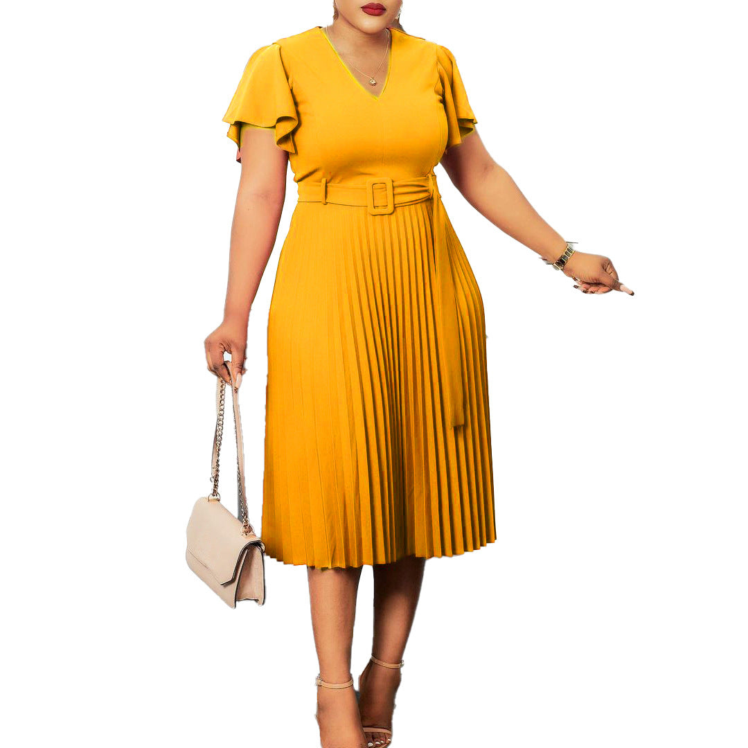 Damen Plissee-Kleid mit Taillengürtel Elegantes Damenkleid