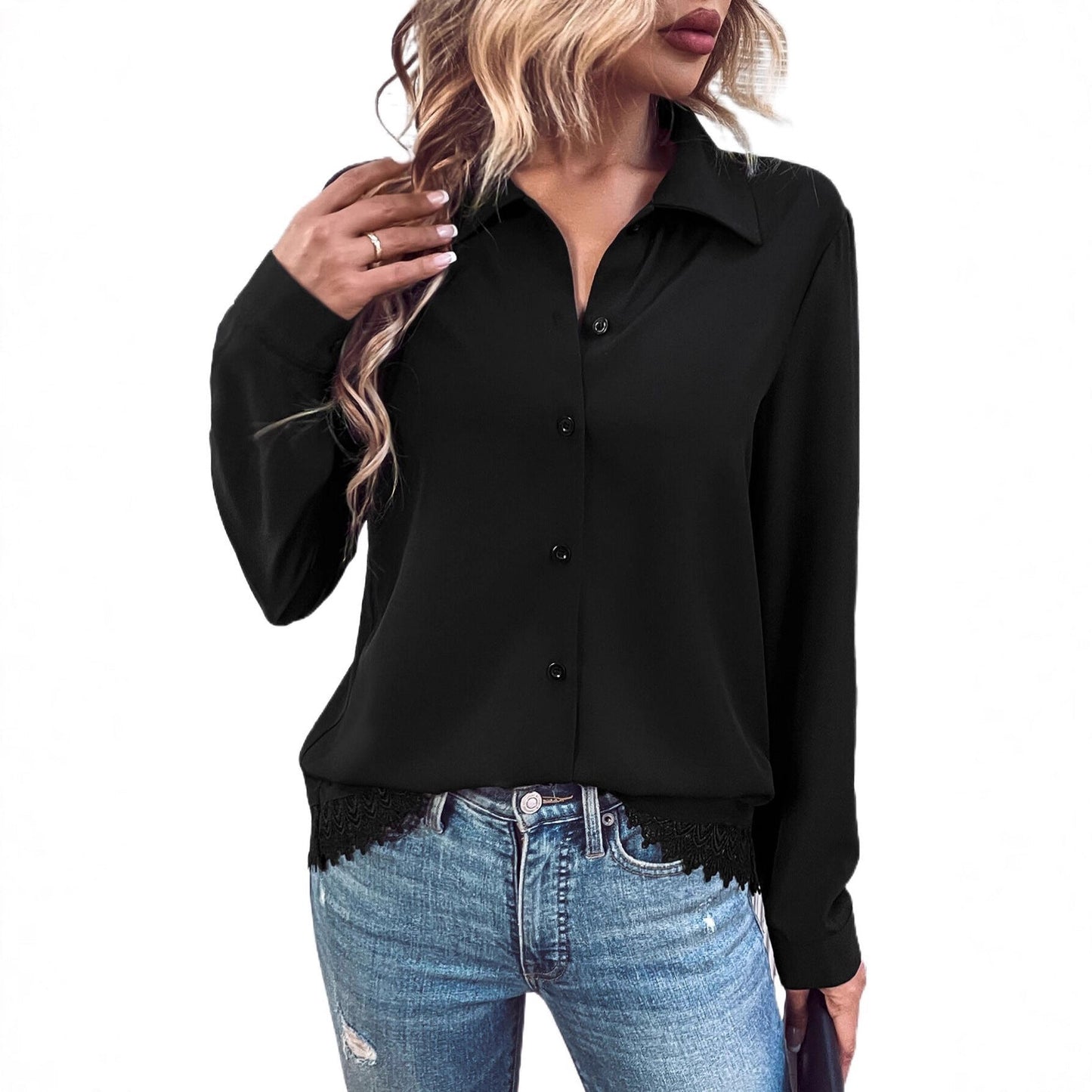 Damen Bluse Spitze Knopfleiste Norvielle