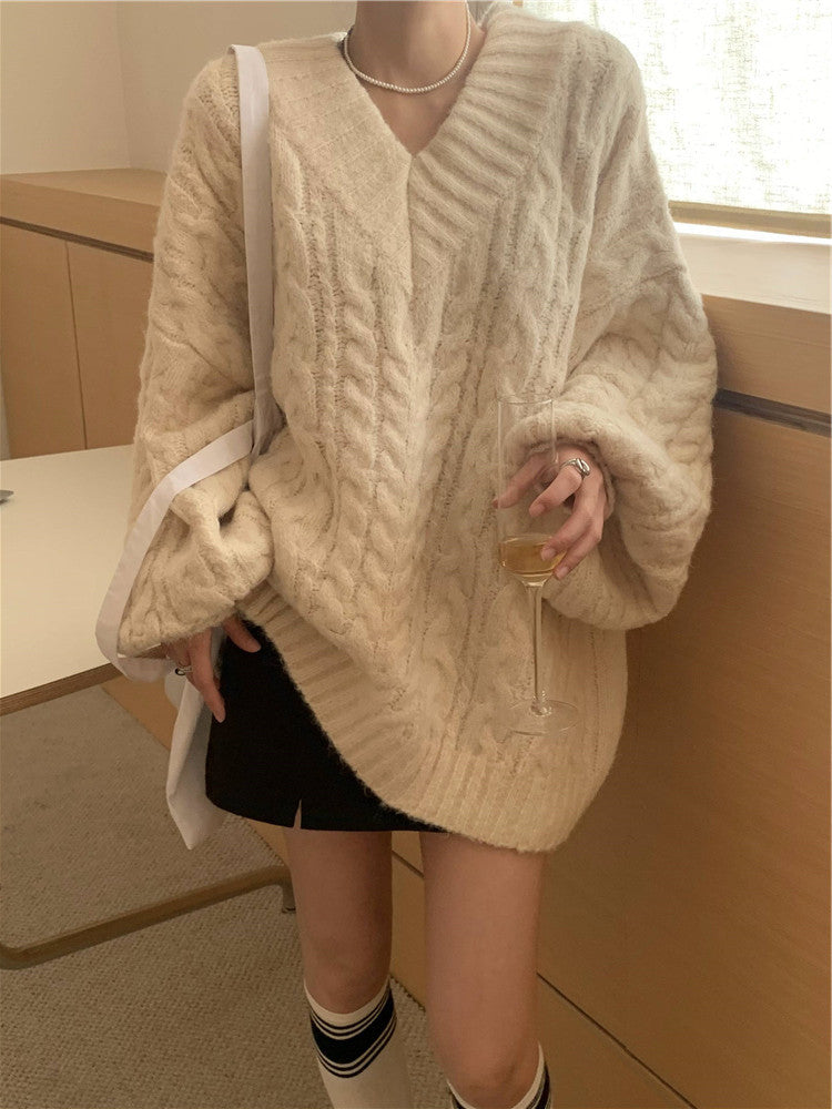 Damen Grobstrickpullover V-Ausschnitt Voluminöse Ärmel Norvielle