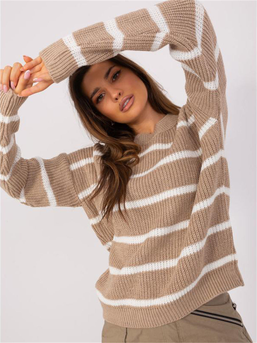Damen Grobstrickpullover Rundhalsausschnitt Lässiges Streifenmuster