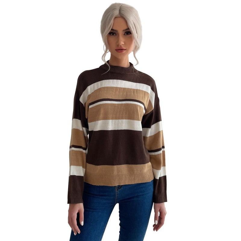 Damen Strickpullover Farbiges Streifenmuster Hochkragen