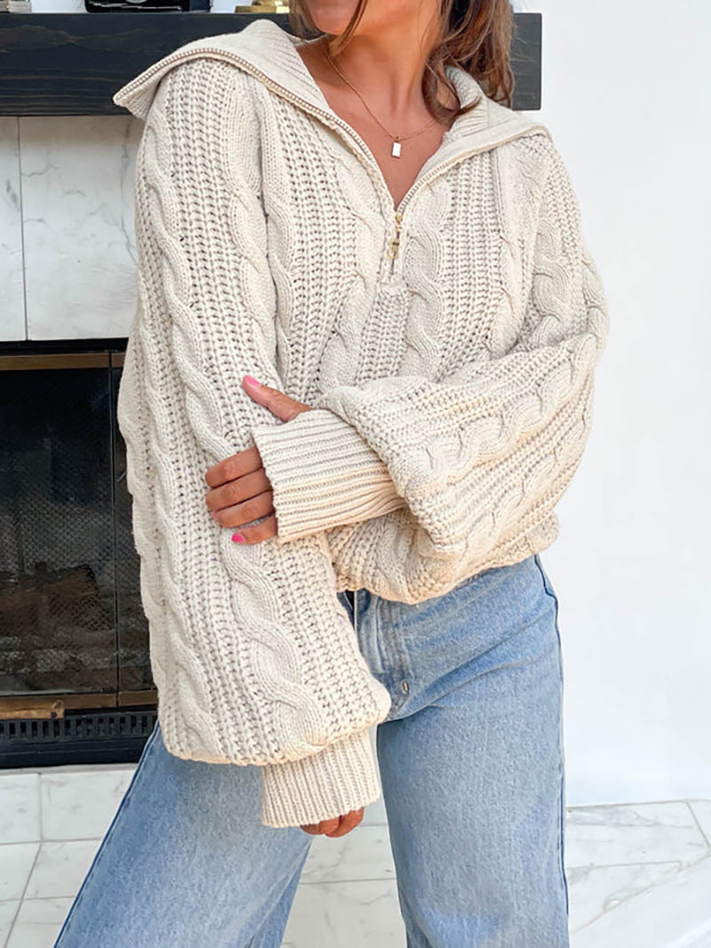 Damen Strickpullover Mit Kapuze Und Reißverschluss