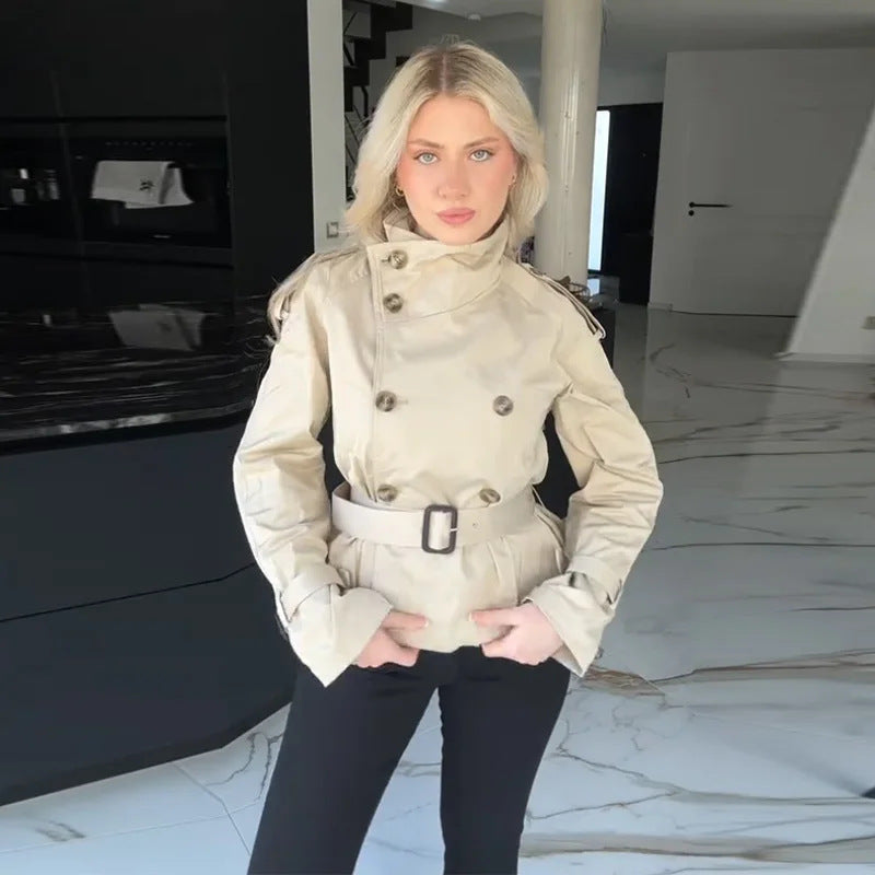 Damen Kurztrenchjacke Doppelter Knopfverschluss Taillengürtel