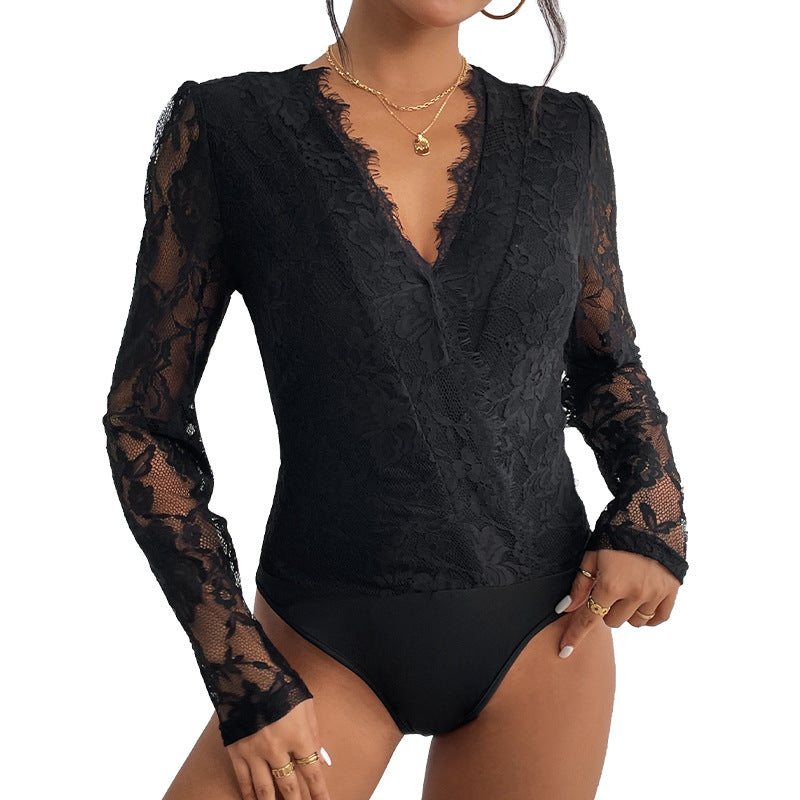 Damen Spitzenbody V-Ausschnitt Transparent Ärmel