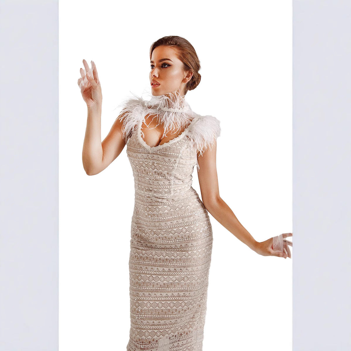 Damen Midikleid Pailletten federverziert Norvielle