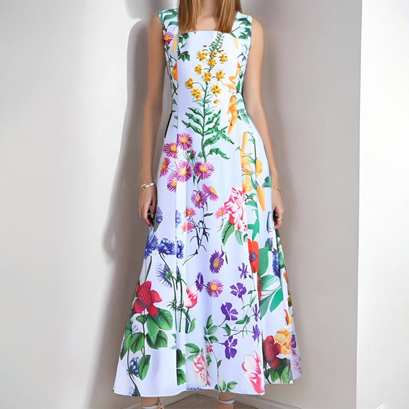 Damen Maxikleid Blumenmuster Quadratausschnitt Fließender Rock