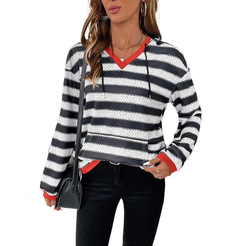 Damen Pullover Baumwolle Gestreift V-Ausschnitt Beige