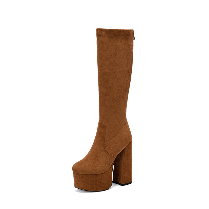 Damen Kniehohe Stiefel Wildleder Klobiger Absatz