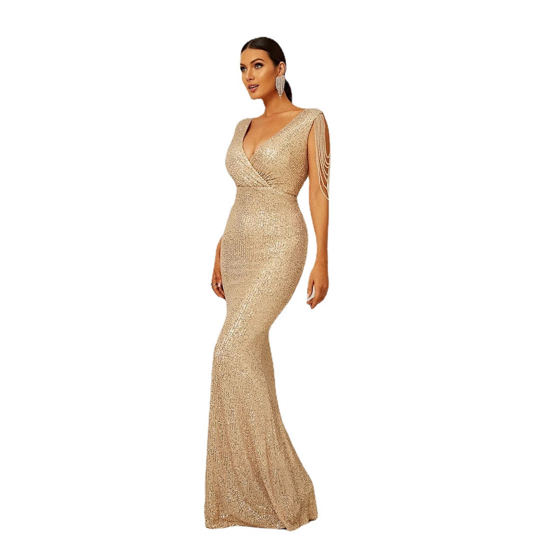 Damen Abendkleid mit Pailletten Schulterfrei