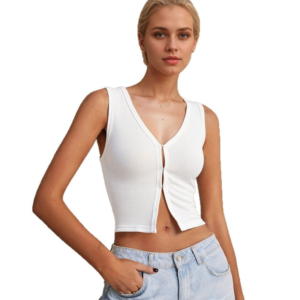 Damen Cropped Oberteil V-Ausschnitt Dekorativer Knopf Norvielle