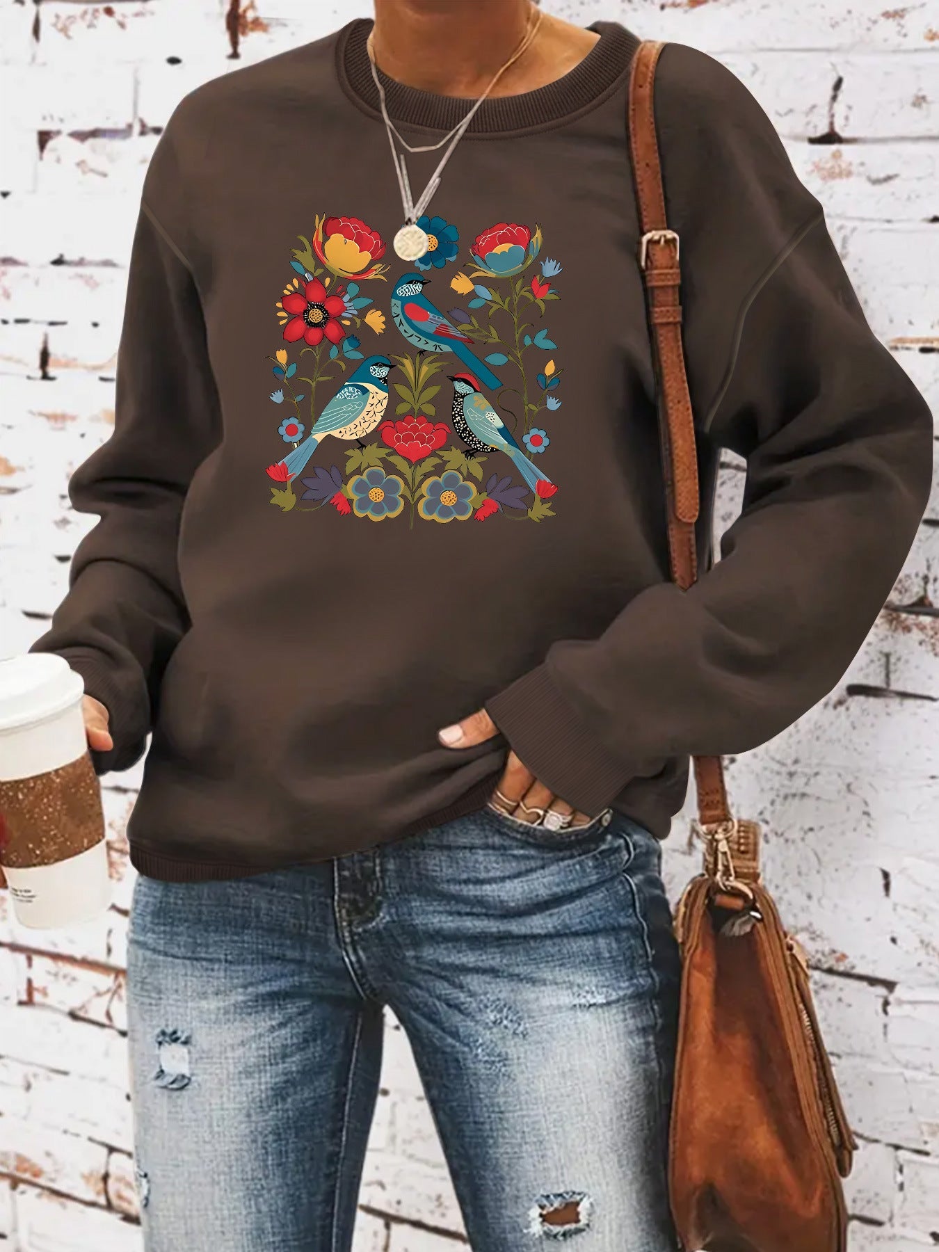 Damen Sweatshirt Florales Vogeldesign Lässiger Schnitt Norvielle